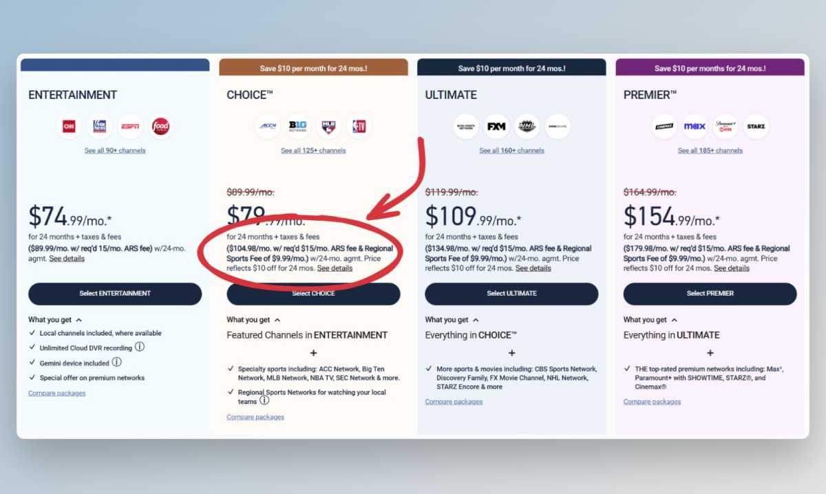 DirecTV plan picker with fine print showing two-year commitment and fees