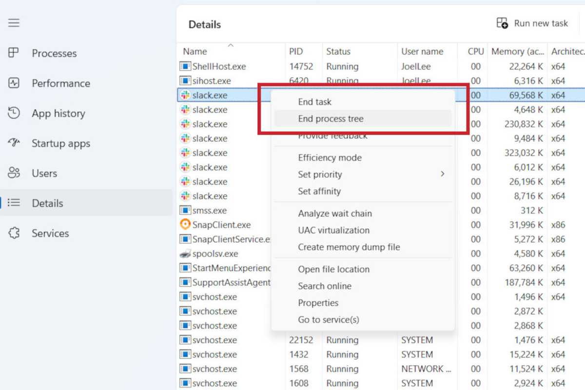 Task Manager end task process tree screenshot