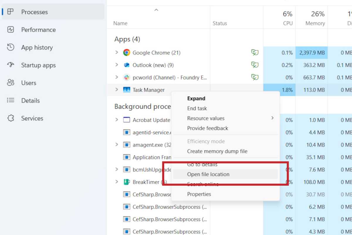 Task Manager open file location screenshot