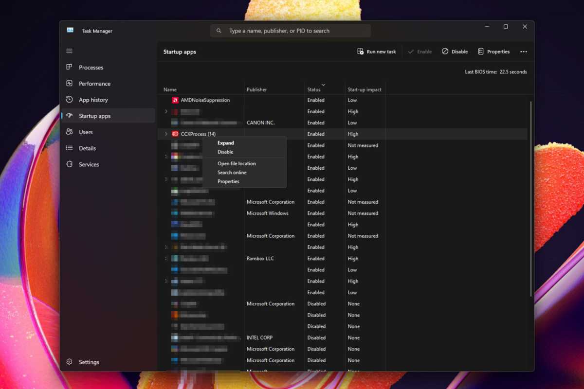 Task Manager processes startup impact screenshot