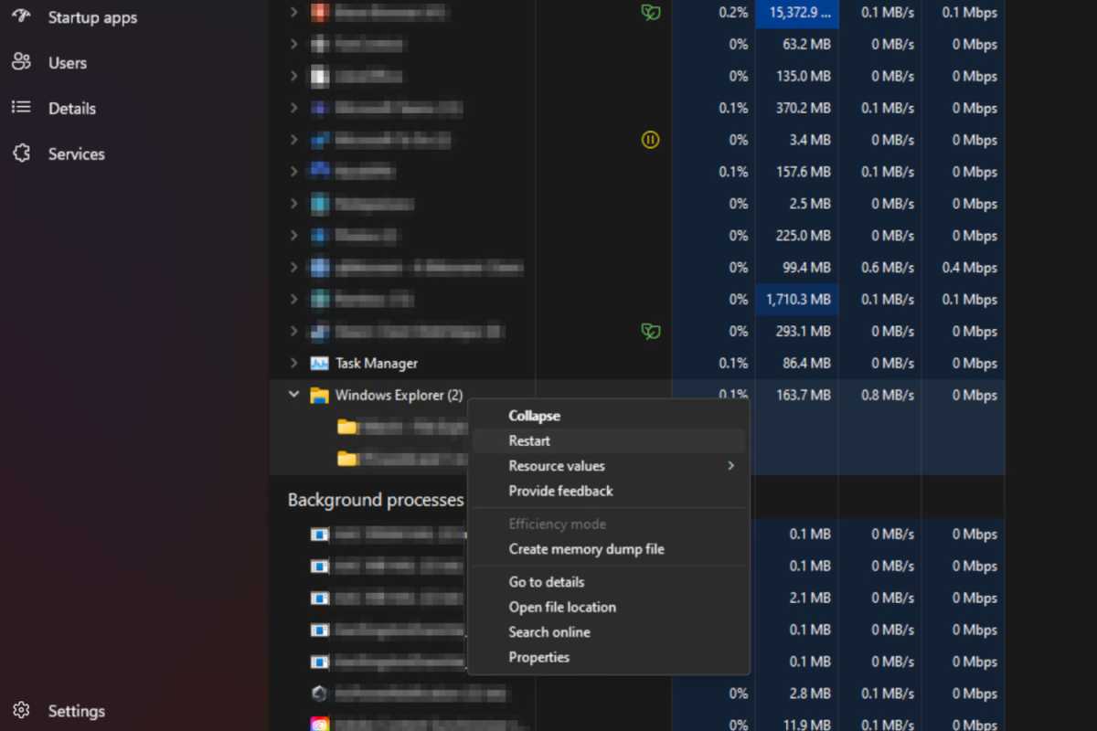 Task Manager restart Windows Explorer screenshot
