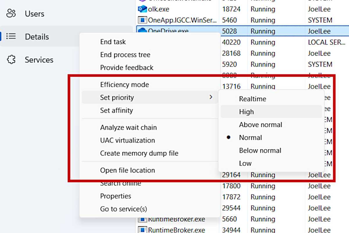 Task Manager set process priority screenshot