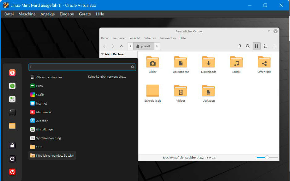 Virtueller PC: Gleich, ob Livesystem oder Installation – Linux Mint läuft isoliert in einer Virtualbox-Umgebung.