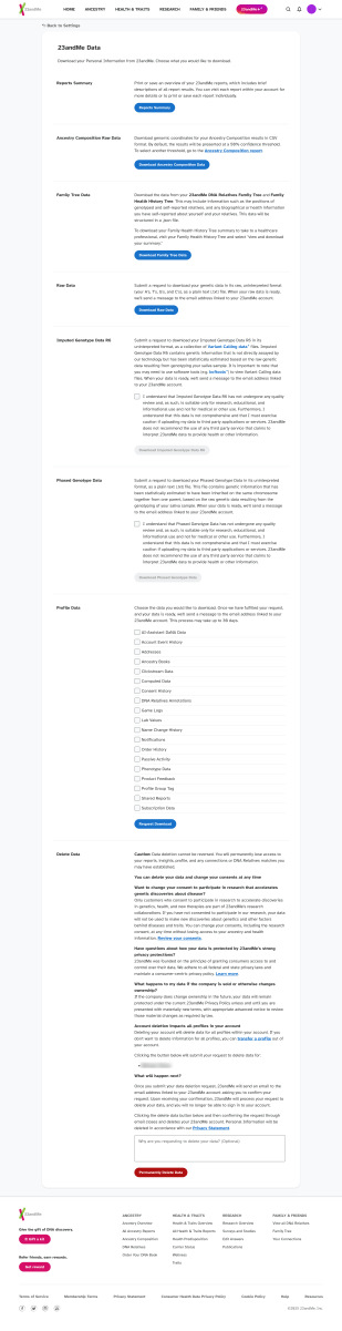 23andMe Data settings screen (full settings)