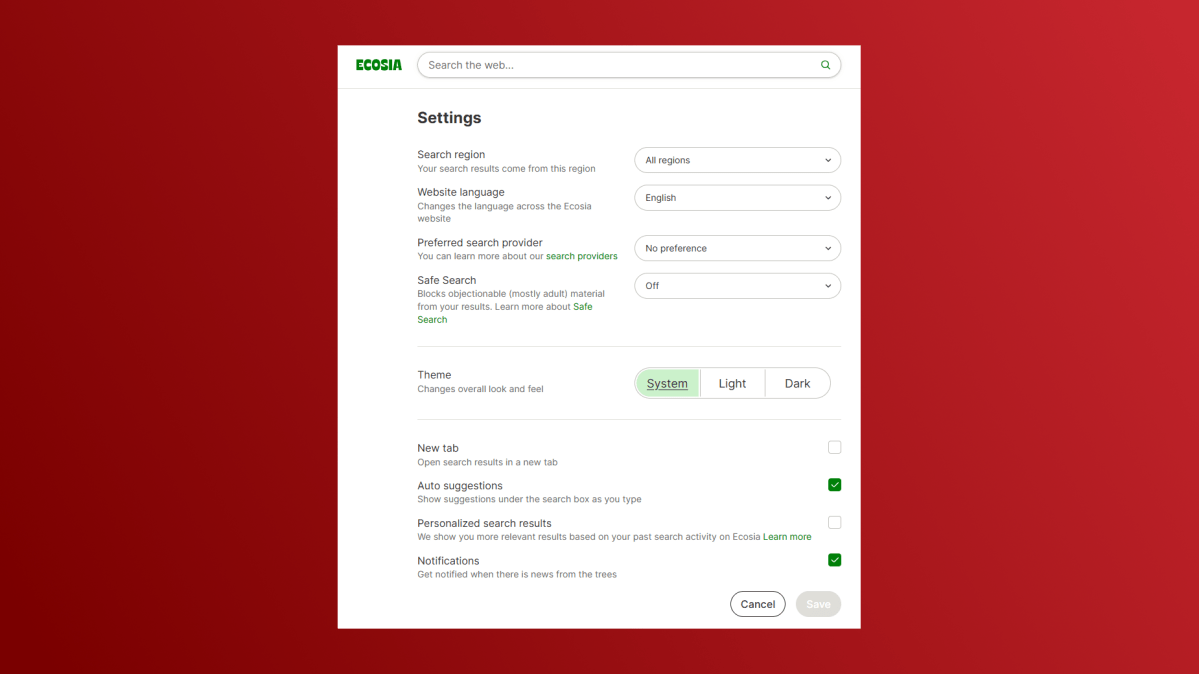 Ecosia search General settings screenshot