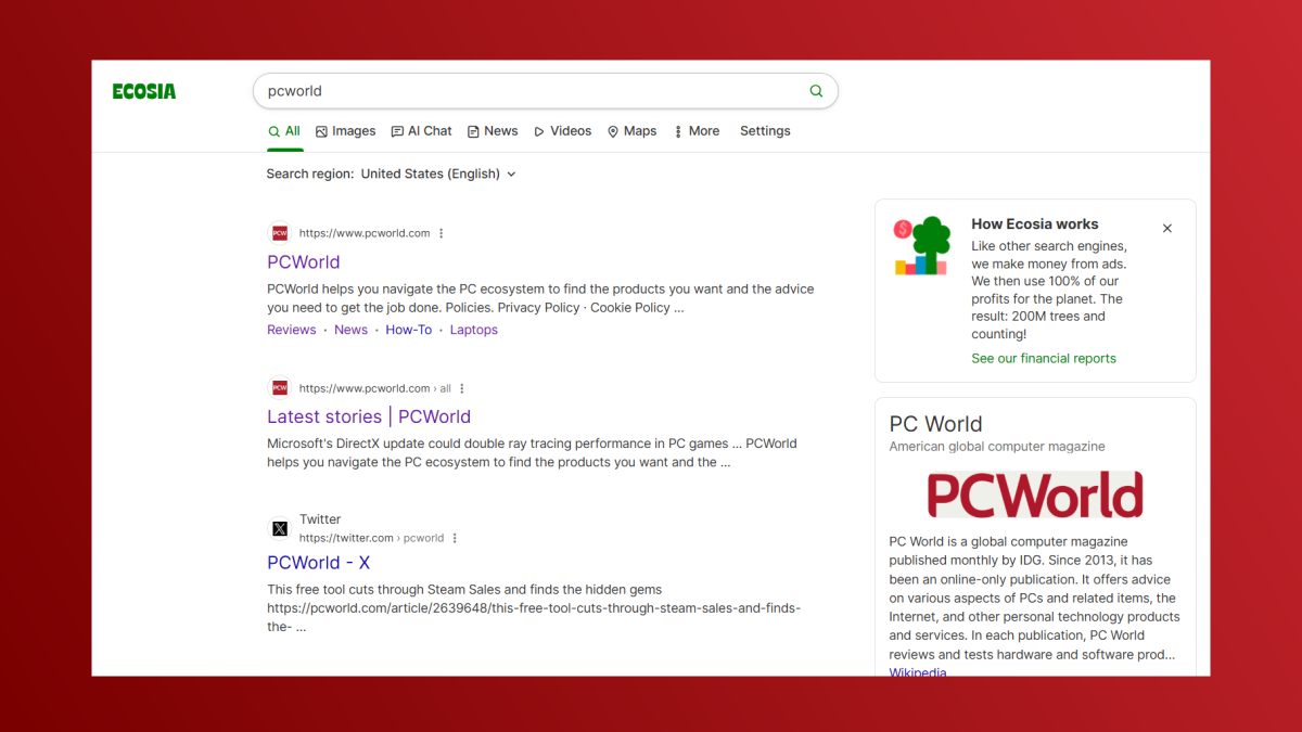 Ecosia search results PCWorld example screenshot