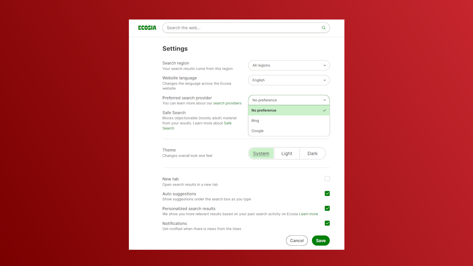Ecosia search settings Preferred Provider screenshot