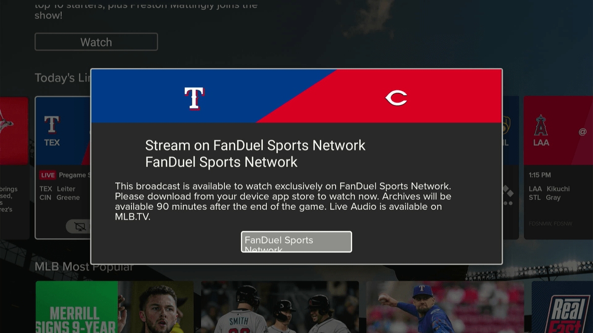 MLB app telling viewers to use FanDuel Sports Network