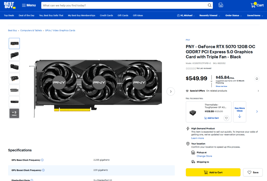 Best Buy PNY RTX 5070 graphics card