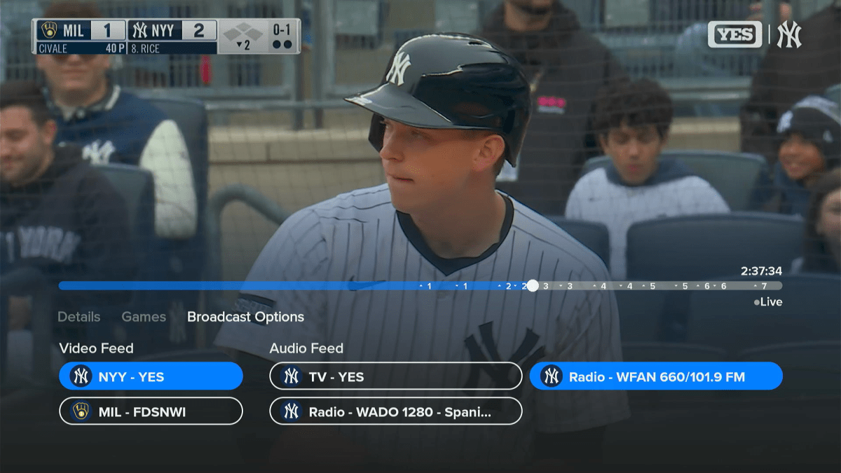 The MLB TV app with alternative audio feeds, including the radio broadcasts