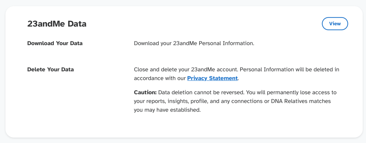 23andMe Data settings screen (March 2025)