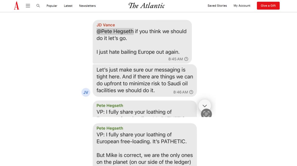 A screenshot from The Atlantic article about the Yemen bombing -- this screenshot was taken from the Signal group discussing the US' action against Yemen